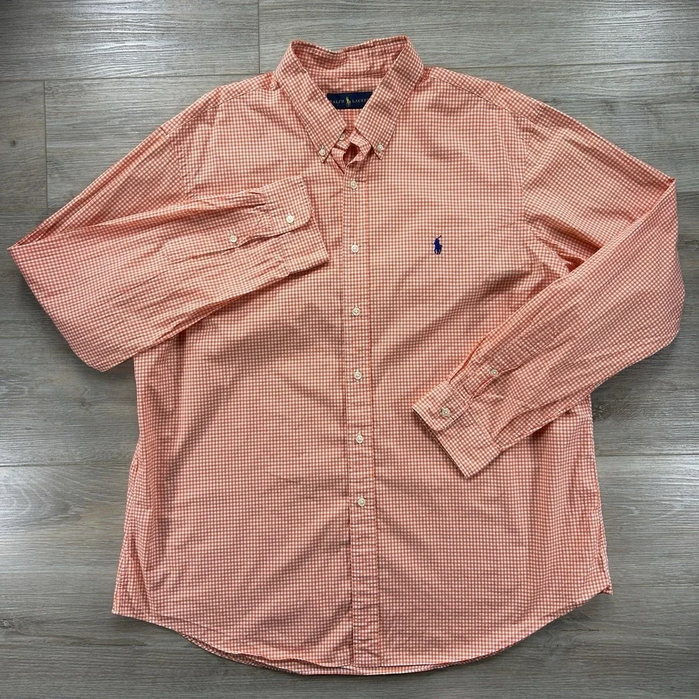 Polo Ralph Lauren 2XL XXL Orange Gingham Button Up Shirt Blue Pony